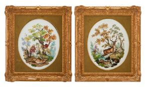 A PAIR OF GERMAN PORCELAIN OVAL PLAQUES PAINTED WITH HUNTING SCENES, LATE 19TH CENTURY