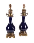 A PAIR OF FRENCH GILT METAL MOUNTED BLUE PORCELAIN TABLE LIGHTS, LATE 19TH CENTURY