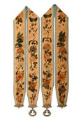 A PAIR OF VICTORIAN SILK AND VELVET HAND PAINTED BELL PULLS, LAST QUARTER 19TH CENTURY