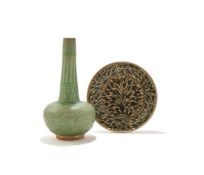 A THAI CELADON VASE, ALONG WITH A PAINTED BOWL, BOTH PROBABLY 14TH CENTURY SAWANKHALOK
