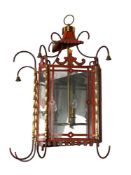 A GOTHIC REVIVAL RED PAINTED METAL WALL HANGING LANTERN, 20TH CENTURY