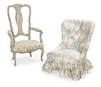 A FLORAL UPHOLSTERED OCCASIONAL CHAIR, ALONG WITH AN ITALIAN STYLE CHAIR