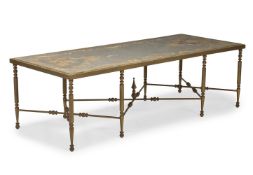 A LARGE REVERSE PAINTED MIRROR TOPPED RECTANGULAR COFFEE TABLE, FIRST HALF 20TH CENTURY