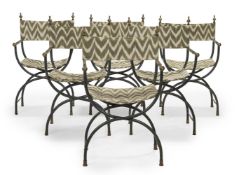 A SET OF SIX WROUGHT IRON CURULE FORM 'X' FRAME ARMCHAIRS, THIRD QUARTER 20TH CENTURY