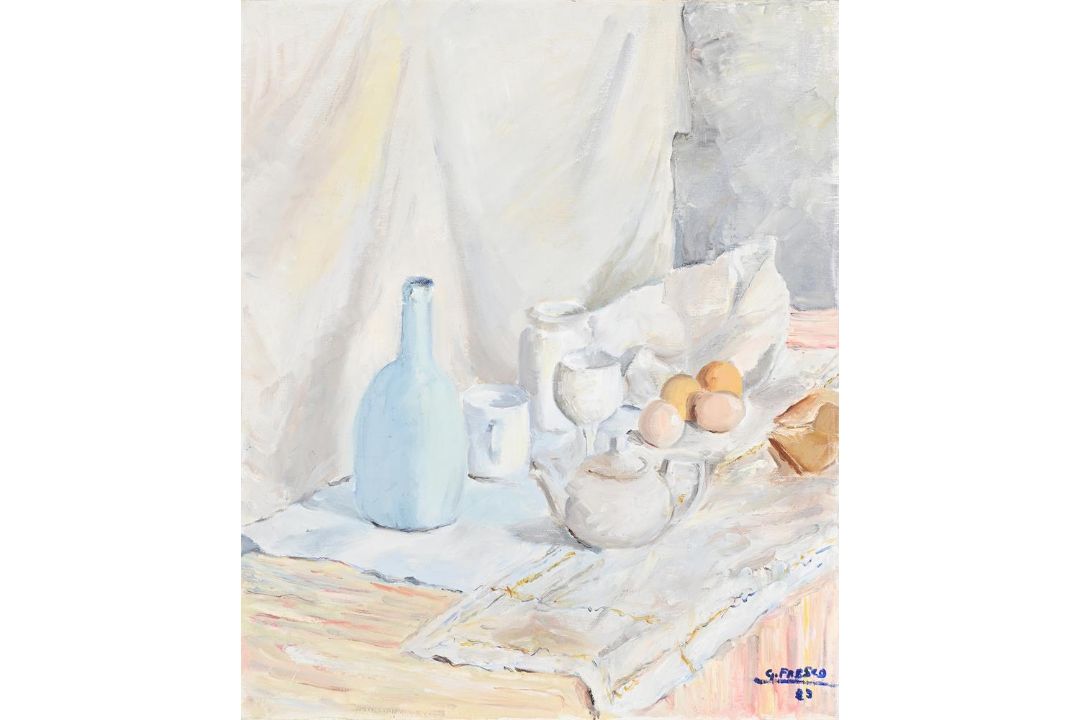 λ G. FRESCO (ITALIAN 20TH CENTURY), STILL LIFE OF JUG AND EGGS - Image 2 of 3