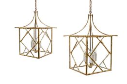 A PAIR OF BRASS SIMULATED BAMBOO GLAZED HALL LANTERNS, 20TH CENTURY
