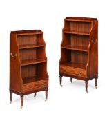 Y A PAIR OF MAHOGANY AND SATINWOOD INLAID 'WATERFALL' BOOKCASES, IN REGENCY STYLE, 20TH CENTURY