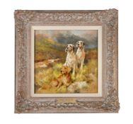 ARTHUR WARDLE (BRITISH 1864-1949), AN IRISH SETTER AND TWO ENGLISH SETTERS IN A HIGHLAND SETTING