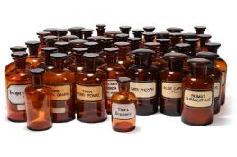 A GROUP OF FORTY FIVE FRENCH BROWN GLASS APOTHECARY BOTTLES, LAST QUARTER 19TH CENTURY AND LATER