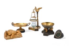 A SECOND EMPIRE ORMOLU AND PATINATED BRONZE PASTILE BURNER OR NIGHT LIGHT, AND FOUR FURTHER ITEMS