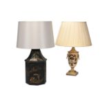 A LARGE JAPANNED AND CHINOISERIE PAINTED TOLEWARE TABLE LAMP, 20TH CENTURY, ALONG WITH ANOTHER LAMP