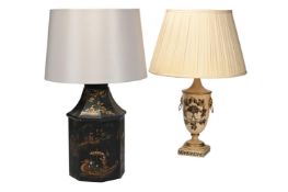A LARGE JAPANNED AND CHINOISERIE PAINTED TOLEWARE TABLE LAMP, 20TH CENTURY, ALONG WITH ANOTHER LAMP