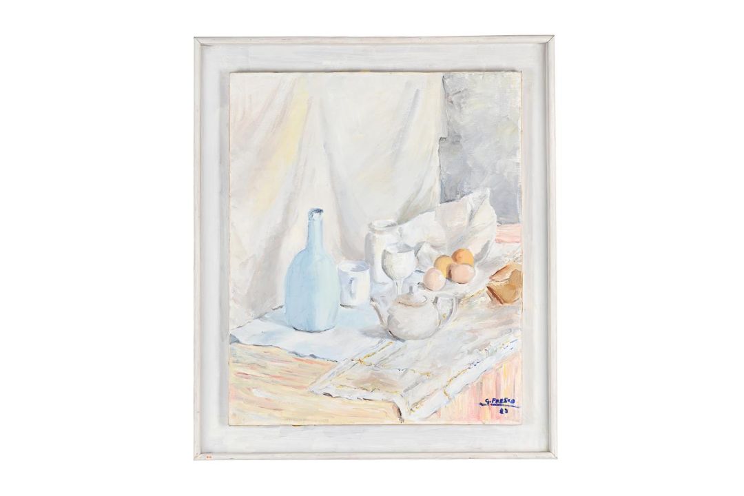 λ G. FRESCO (ITALIAN 20TH CENTURY), STILL LIFE OF JUG AND EGGS - Image 1 of 3