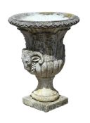 A LARGE CAST STONE COMPOSITION GARDEN URN WITH RAM'S HEAD HANDLES, 20TH CENTURY