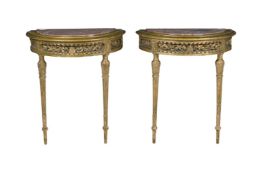 A PAIR OF MARBLE TOPPED CARVED WOOD AND GESSO DEMI LUNE CONSOLE TABLES, LAST QUARTER 19TH CENTURY