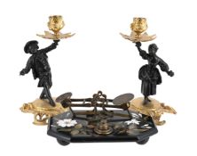 A VICTORIAN PIETRE DURA AND BRASS MOUNTED SET OF DESK POSTAL SCALES, AND A PAIR OF CANDLESTICKS