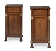 Y A PAIR OF FIGURED MAHOGANY, EBONY AND CHEQUER BANDED CUPBOARDS, CIRCA 1815 AND LATER