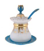 AN OPAQUE-WHITE AND BLUE FROSTED GLASS PUNCH TUREEN AND LADLE, THIRD QUARTER 19TH CENTURY