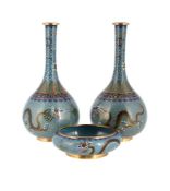 AN ATTRACTIVE PAIR OF CHINESE CLOISONNE 'DRAGON' VASES, LATE QING DYNASTY, ALONG WITH A BOWL