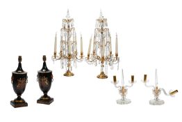 A PAIR OF GILT METAL MOUNTED GLASS TABLE LIGHTS, 20TH CENTURY, ALONG WITH TWO PAIRS OF LAMPS