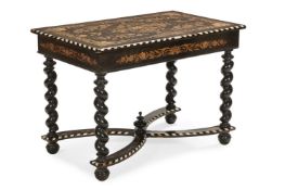 Y AN EBONY, SPECIMEN MARQUETRY AND IVORY INLAID CENTRE TABLE, LATE 19TH OR EARLY 20TH CENTURY