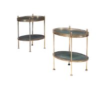 A PAIR OF OVAL TWO TIER GILT BRASS AND LEATHERED ETAGERES, 20TH CENTURY