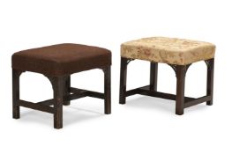 A GEORGE III MAHOGANY AND UPHOLSTERED FOOTSTOOL, TOGETHER WITH A LATER EXAMPLE