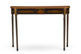 A GEORGE III SATINWOOD AND BLACK AND GILT JAPANNED D-SHAPED SIDE TABLE