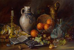 λ PETER F. FULLER (BRITISH 20TH CENTURY), STILL LIFE WITH ORANGES AND WESTERWALD JUG
