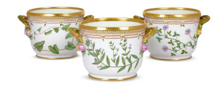 A SET OF THREE ROYAL COPENHAGEN FLORA DANICA PORCELAIN CACHE POTS OR PLANTERS