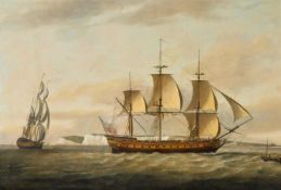 ATTRIBUTED TO THOMAS LUNY (BRITISH 1759-1837), AN EAST INDIAMAN OFF THE SOUTH COAST