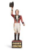 'COBB'S CIRCUS'- A PROMOTIONAL CARVED PAINTED WOOD FIGURE OF THE CIRCUS RINGMASTER