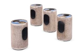 GERALD BENNEY (1930-2008), A SET OF FOUR BLUE ENAMEL MOUNTED SILVER TABLE LIGHTERS
