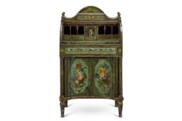 A SHERATON REVIVAL GREEN AND POLYCHROME-PAINTED CYLINDER BUREAU