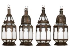 TWO PAIRS OF MOROCCAN STYLE HANGING GLAZED LANTERNS