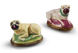 TWO GEORGE III ENAMEL PUG DOG SNUFF BOXES OR BONBONNIÈRES