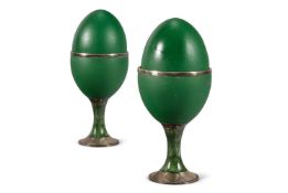 λY GERALD BENNEY (1930-2008), A PAIR OF SILVER AND GREEN ENAMEL MOUNTED EMU EGGS