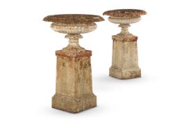 A PAIR OF CAST IRON URNS ON STANDS