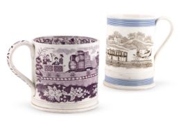 A VICTORIAN TRANSFER PRINTED POTTERY MUG- THE 'ENTRANCE TO THE LIVERPOOL MANCHESTER RAILWAY'