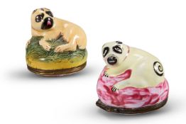 TWO GEORGE III ENAMEL PUG DOG SNUFF BOXES OR BONBONNIÈRES