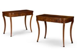 Y A PAIR OF LATE GEORGE III BRAZILIAN ROSEWOOD AND SATINWOOD CROSSBANDED GAMES TABLES