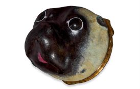 A LARGE ENAMEL PUG DOG SNUFF BOX OR BONBONNIÈRE