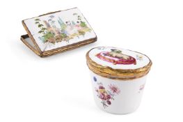 A GEORGE III ENAMEL PUG DOG OVAL SNUFF BOX AND A CASE