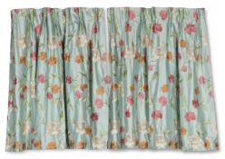 A PAIR OF FLORAL EMBROIDERED BLUE SILK CURTAINS