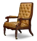 A WILLIAM IV LEATHER UPHOLSTERED MAHOGANY LIBRARY ARMCHAIR BY ROBERT DAWES