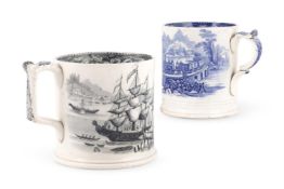 TWO SCOTTISH RAILWAY LOCOMOTIVE POTTERY MUGS, CIRCA 1840