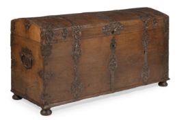 A LARGE LOUIS XIV OAK IRON BOUND DOME TOP COFFER, FRENCH, CIRCA 1700
