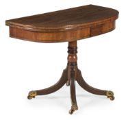 A GEORGE III BRASS INLAID MAHOGANY DEMI LUNE PILLAR TEA TABLE, CIRCA 1780