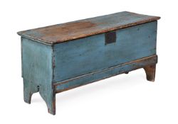 A BLUE PAINTED PINE BOARDED TRUNK OR COFFER, FIRST HALF 19TH CENTURY