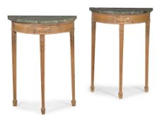 A PAIR OF CARVED PINE DEMI LUNE, MARBLE TOPPED CONSOLE TABLES, LAST QUARTER 19TH CENTURY